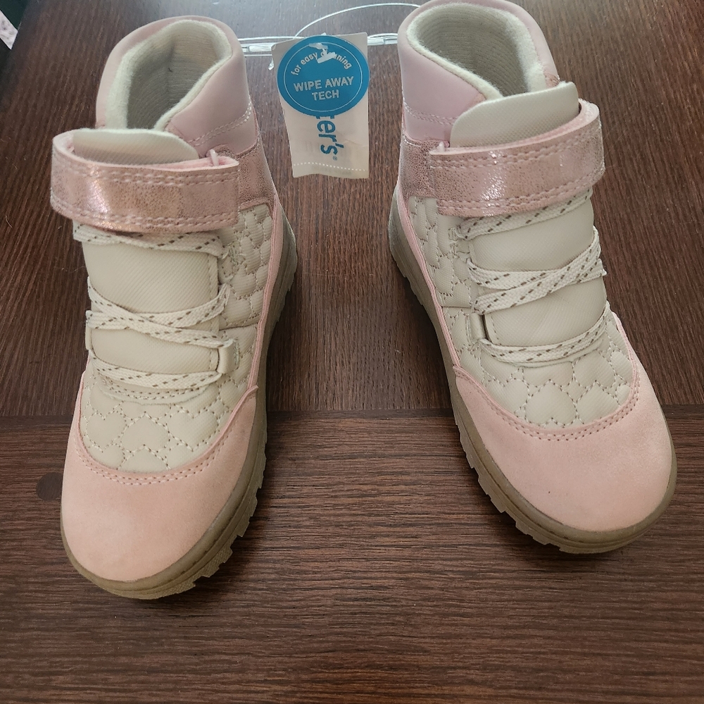 Carter's "Ori" Pink and Cream Boots with Velcro Strap Wipe Away Technology.